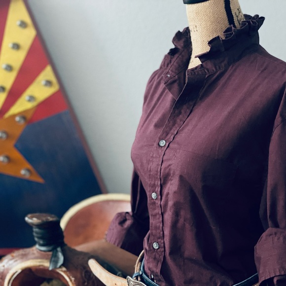 Redid, Redone and Reworked Mens to Ladies Maroon Ruffle Collar Long Sleeve Shirt - Picture 4 of 8